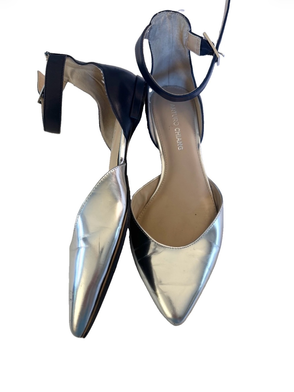 Arturo Chiang Silver Pointed-Toe Ankle-Strap Flats